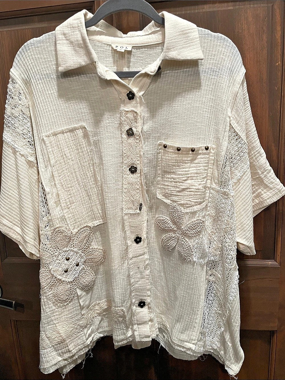 POL Crochet Lace Mixed Media Button Down Top Cream Small NWOT